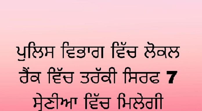ਪੰਜਾਬ ਪੁਲਿਸ ਵਿਭਾਗ ਵਿੱਚ ਲੋਕਲ ਰੈਂਕ ਵਿੱਚ ਤਰੱਕੀ ਸਿਰਫ 7 ਸ਼੍ਰੇਣੀਆਂ ਵਿੱਚ ਹੀ ਮਿਲੇਗੀ